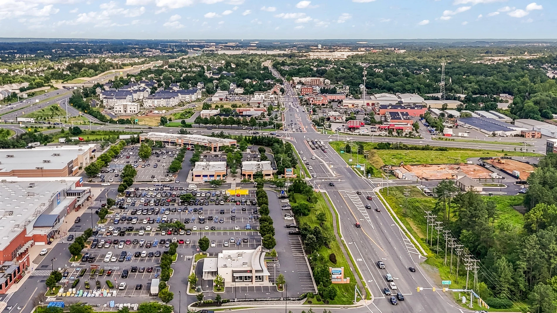 An aerial image of a commercial district in Haymarket, VA